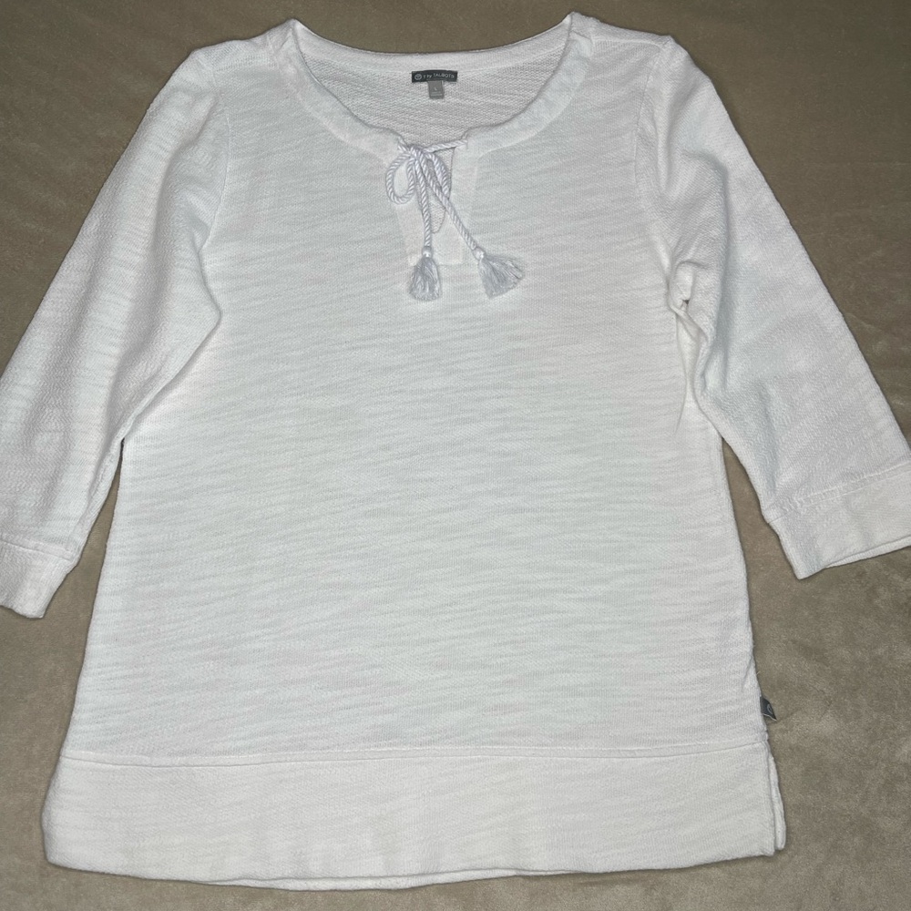 T by Talbots White Split-neck Tassel-Tie Top